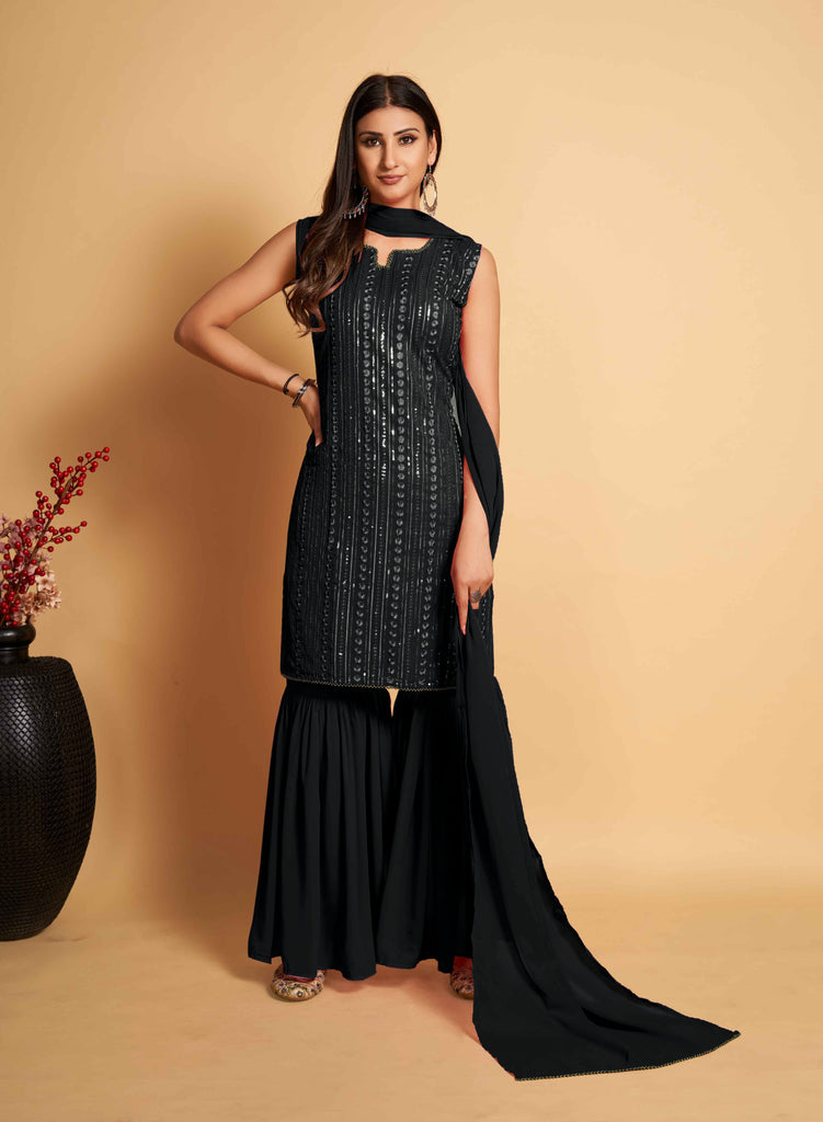 Stunning Black Designer Sharara Kurti Dupatta Set - Embroidered Faux Georgette & Georgette ClothsVilla