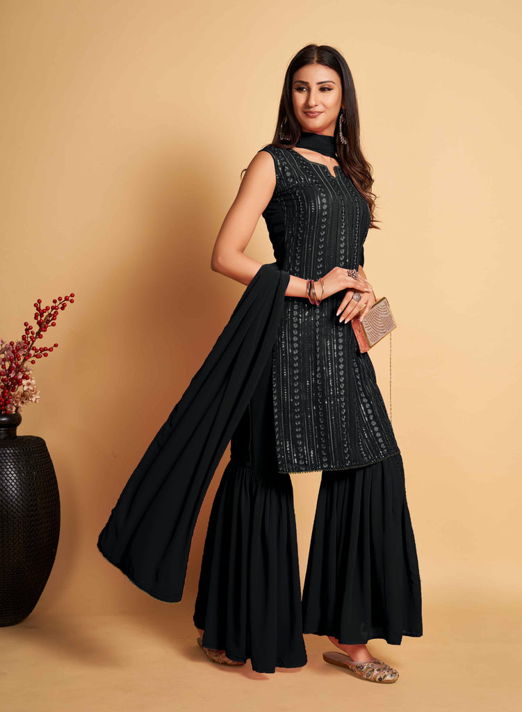 Stunning Black Designer Sharara Kurti Dupatta Set - Embroidered Faux Georgette & Georgette ClothsVilla