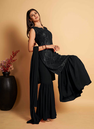 Stunning Black Designer Sharara Kurti Dupatta Set - Embroidered Faux Georgette & Georgette ClothsVilla