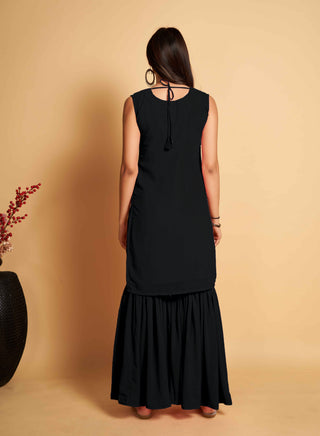 Stunning Black Designer Sharara Kurti Dupatta Set - Embroidered Faux Georgette & Georgette ClothsVilla