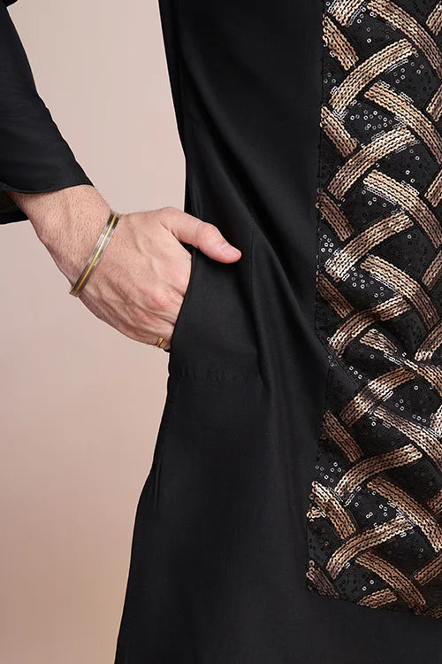 Black Silk Embroidered Work Designer Men's Wear Kurta Clothsvilla