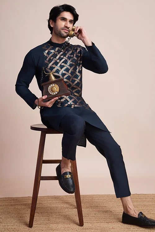 Designer Navy Men's Silk Kurta for Special Events Clothsvilla