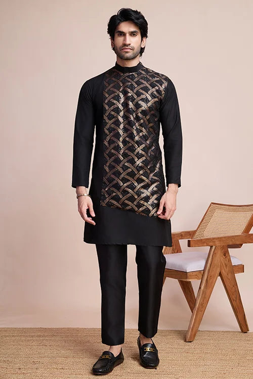 Black Silk Embroidered Work Designer Men's Wear Kurta Clothsvilla