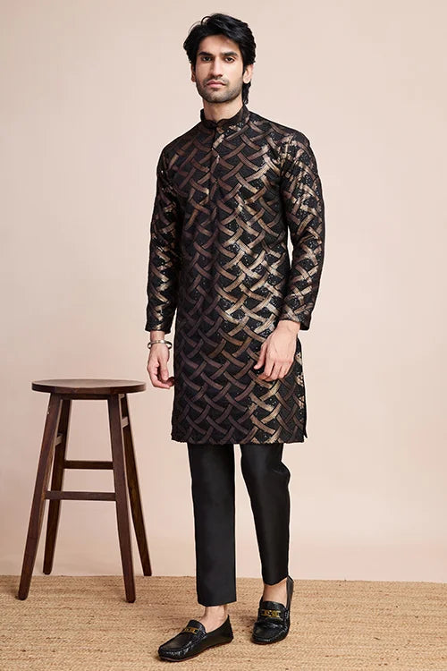 Designer Black Silk Kurta for Men - Festival Ready Wear Clothsvilla