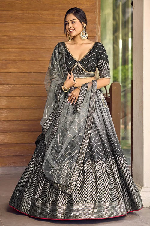 Black Thread Embroidery Lehenga Choli with Dupatta Clothsvilla