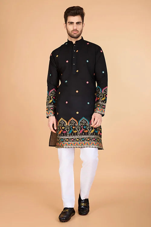 Black Viscose Silk Men's Designer Kurta Clothsvilla