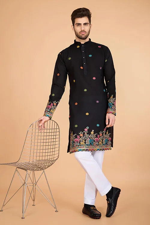 Black Designer Viscose Silk Kurta with Thread Work Clothsvilla