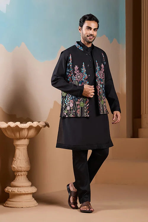 Magic Black Wedding Look Koti Kurta Set for Mens Wear Clothsvilla