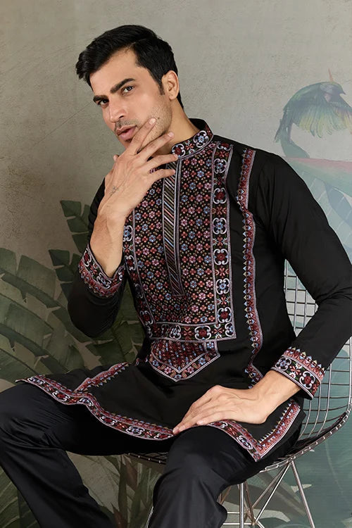 Designer Premium Embroidered Black Silk Kurta for Men Clothsvilla