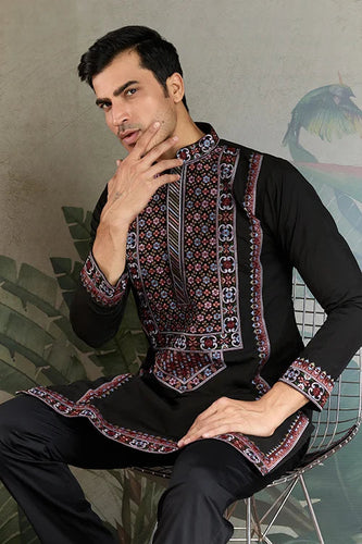 Designer Premium Embroidered Black Silk Kurta for Men Clothsvilla
