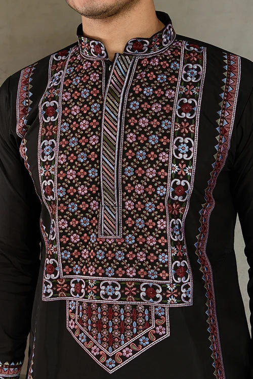 Designer Premium Embroidered Black Silk Kurta for Men Clothsvilla