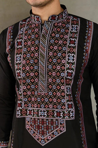 Designer Premium Embroidered Black Silk Kurta for Men Clothsvilla