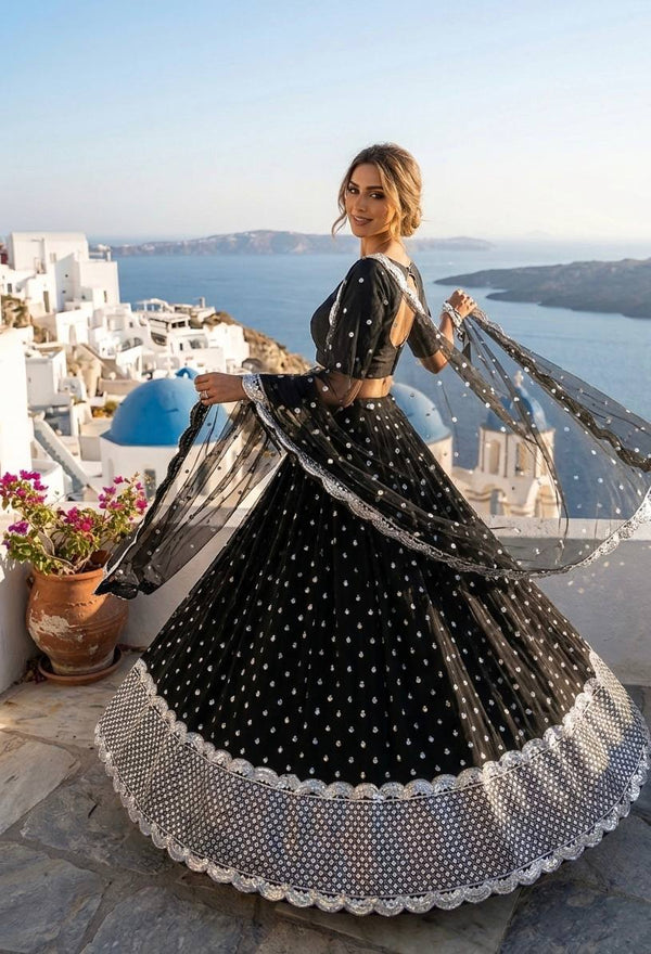 Black Elegant Georgette Sequin Work Lehenga with Banglori Satin Blouse & Net Dupatta ClothsVilla