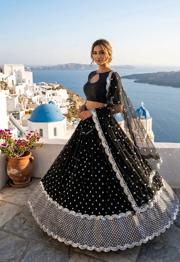 Black Elegant Georgette Sequin Work Lehenga with Banglori Satin Blouse & Net Dupatta ClothsVilla