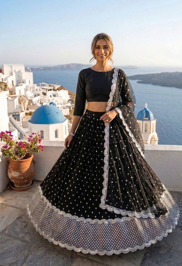 Black Elegant Georgette Sequin Work Lehenga with Banglori Satin Blouse & Net Dupatta ClothsVilla