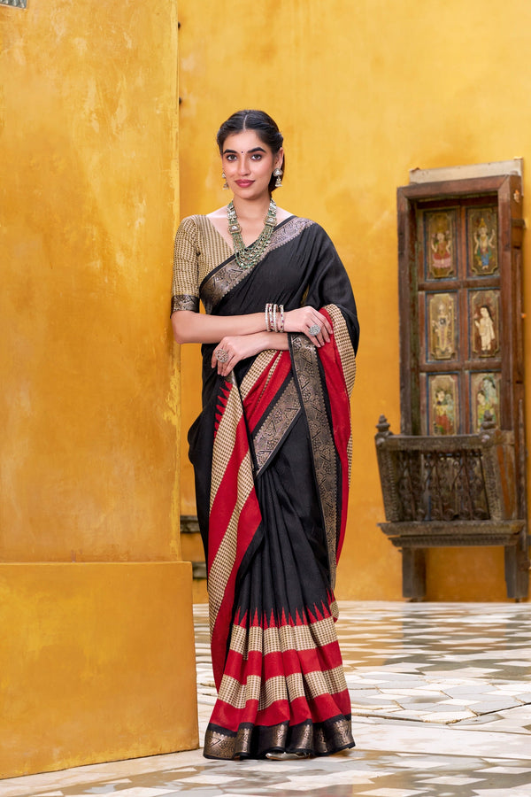 Black Elegant Poly Cotton Saree with Printed & Zari Weaving Work ClothsVilla