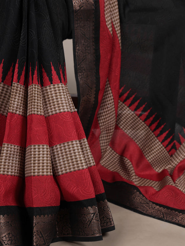 Black Elegant Poly Cotton Saree with Printed & Zari Weaving Work ClothsVilla