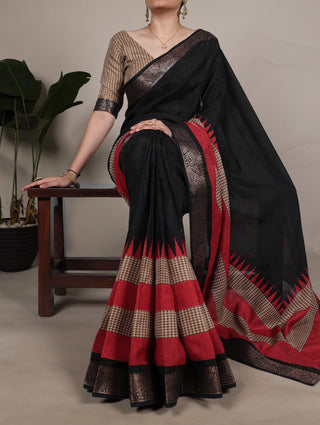 Black Elegant Poly Cotton Saree with Printed & Zari Weaving Work ClothsVilla