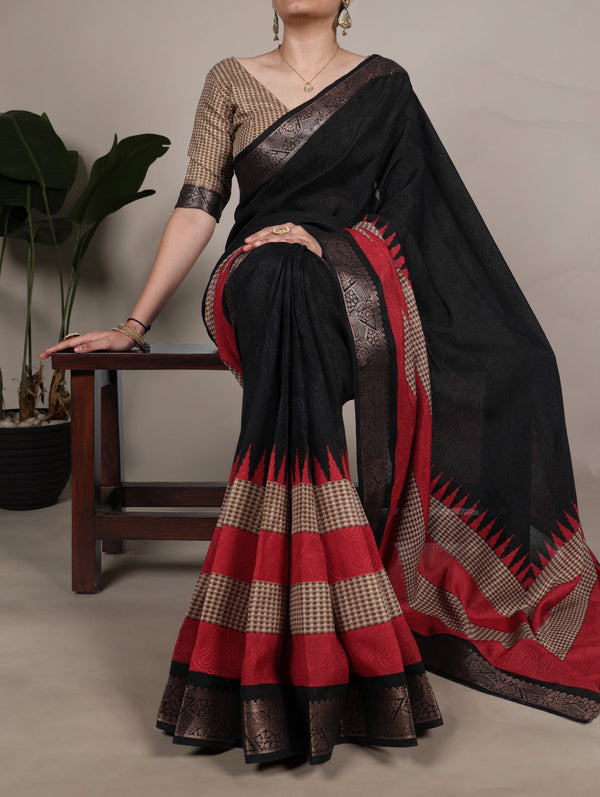 Black Elegant Poly Cotton Saree with Printed & Zari Weaving Work ClothsVilla