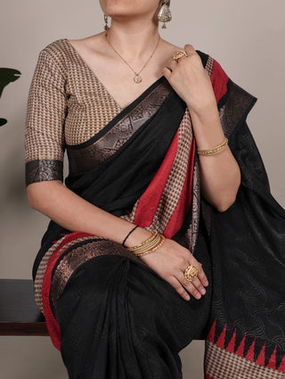 Black Elegant Poly Cotton Saree with Printed & Zari Weaving Work ClothsVilla