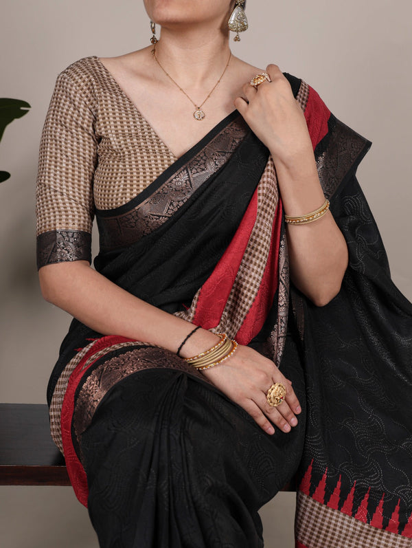 Black Elegant Poly Cotton Saree with Printed & Zari Weaving Work ClothsVilla