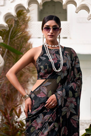 Black Floral Lurex Brasso Saree with Unstitched Blouse – Elegant Viscose Brasso Work ClothsVilla
