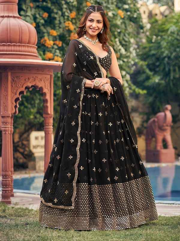 Black Georgette Lehenga Choli Set with 7MM Sequins & Zari Embroidery – Festive Semi-Stitched Ensemble ClothsVilla