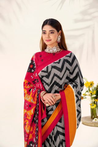 Black Graceful Printed Tasar Silk Saree with Matching Unstitched Blouse Piece ClothsVilla