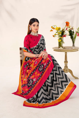 Black Graceful Printed Tasar Silk Saree with Matching Unstitched Blouse Piece ClothsVilla