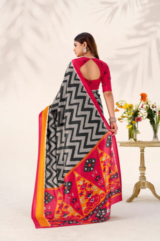 Black Graceful Printed Tasar Silk Saree with Matching Unstitched Blouse Piece ClothsVilla
