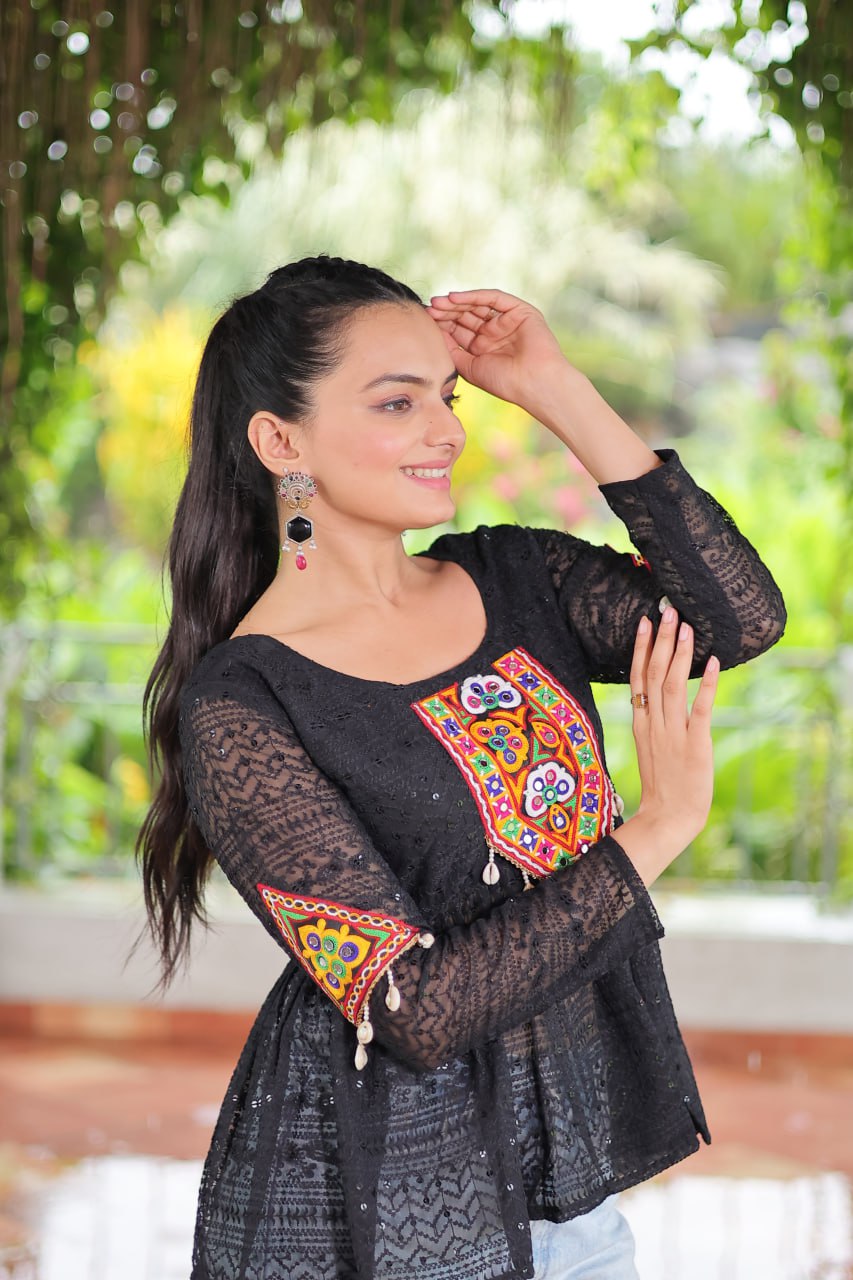 Navratri Special Georgette Schiffli Peplum Top with Kutchi Gamthi Patch Work ClothsVilla