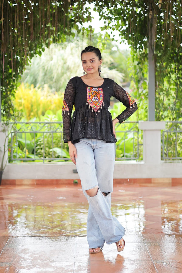 Navratri Special Georgette Schiffli Peplum Top with Kutchi Gamthi Patch Work ClothsVilla