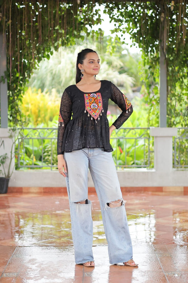 Navratri Special Georgette Schiffli Peplum Top with Kutchi Gamthi Patch Work ClothsVilla