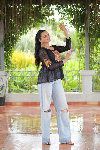 Navratri Special Georgette Schiffli Peplum Top with Kutchi Gamthi Patch Work ClothsVilla