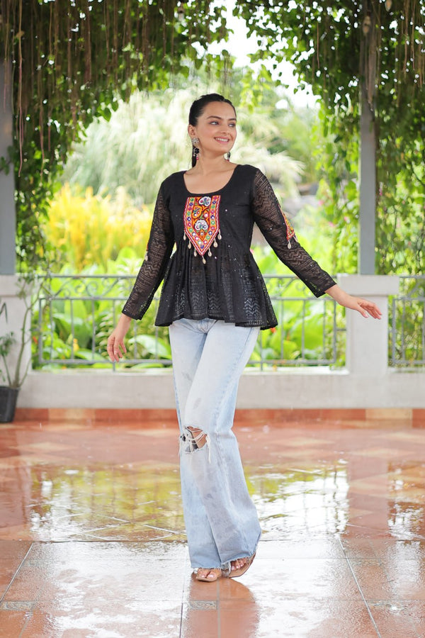 Navratri Special Georgette Schiffli Peplum Top with Kutchi Gamthi Patch Work ClothsVilla