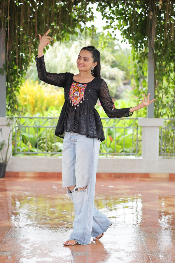 Navratri Special Georgette Schiffli Peplum Top with Kutchi Gamthi Patch Work ClothsVilla