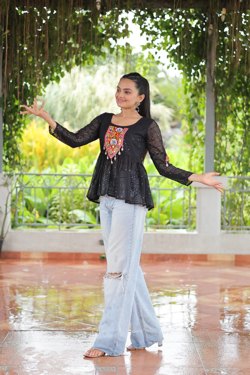 Navratri Special Georgette Schiffli Peplum Top with Kutchi Gamthi Patch Work ClothsVilla