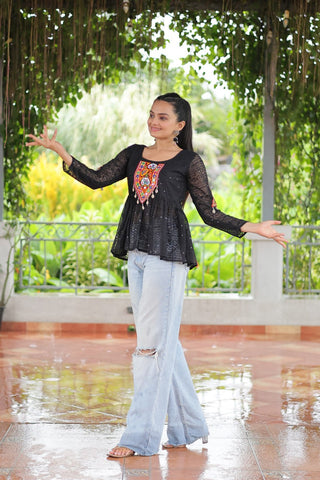Navratri Special Georgette Schiffli Peplum Top with Kutchi Gamthi Patch Work ClothsVilla