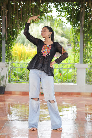Navratri Special Georgette Schiffli Peplum Top with Kutchi Gamthi Patch Work ClothsVilla