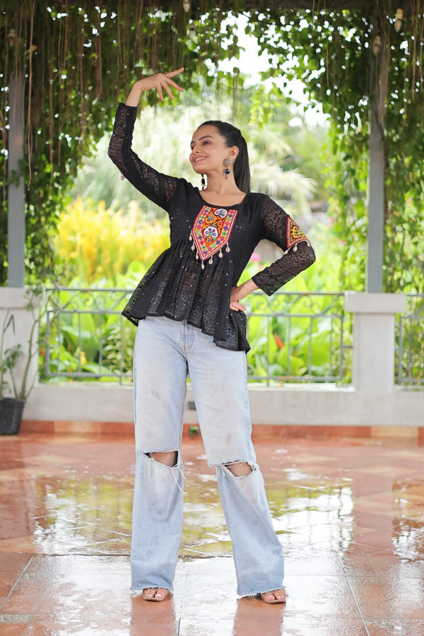 Navratri Special Georgette Schiffli Peplum Top with Kutchi Gamthi Patch Work ClothsVilla