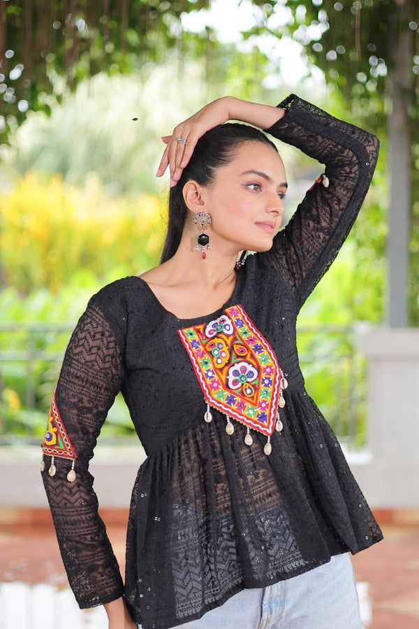 Navratri Special Georgette Schiffli Peplum Top with Kutchi Gamthi Patch Work ClothsVilla