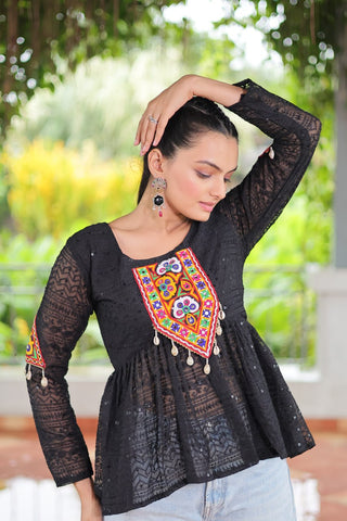 Navratri Special Georgette Schiffli Peplum Top with Kutchi Gamthi Patch Work ClothsVilla