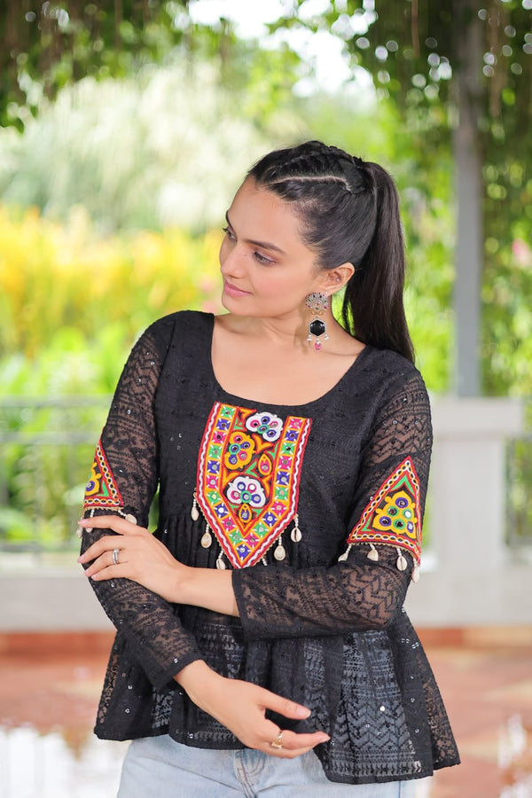 Navratri Special Georgette Schiffli Peplum Top with Kutchi Gamthi Patch Work ClothsVilla
