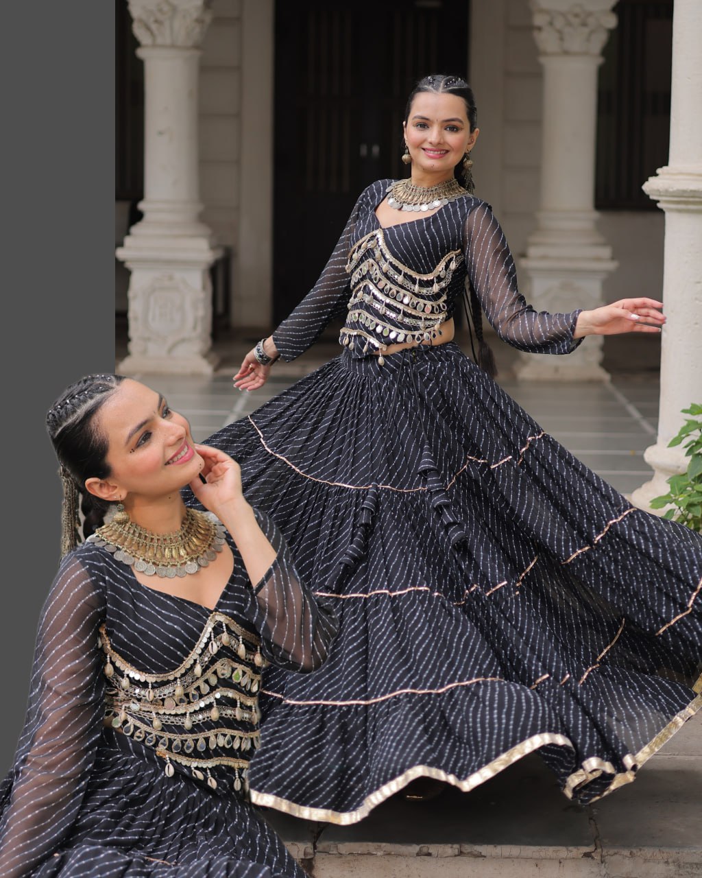 Black Navratri Special Leheriya Print Lehenga Choli with 12 Mtr Flair & Mirror Lace Work ClothsVilla