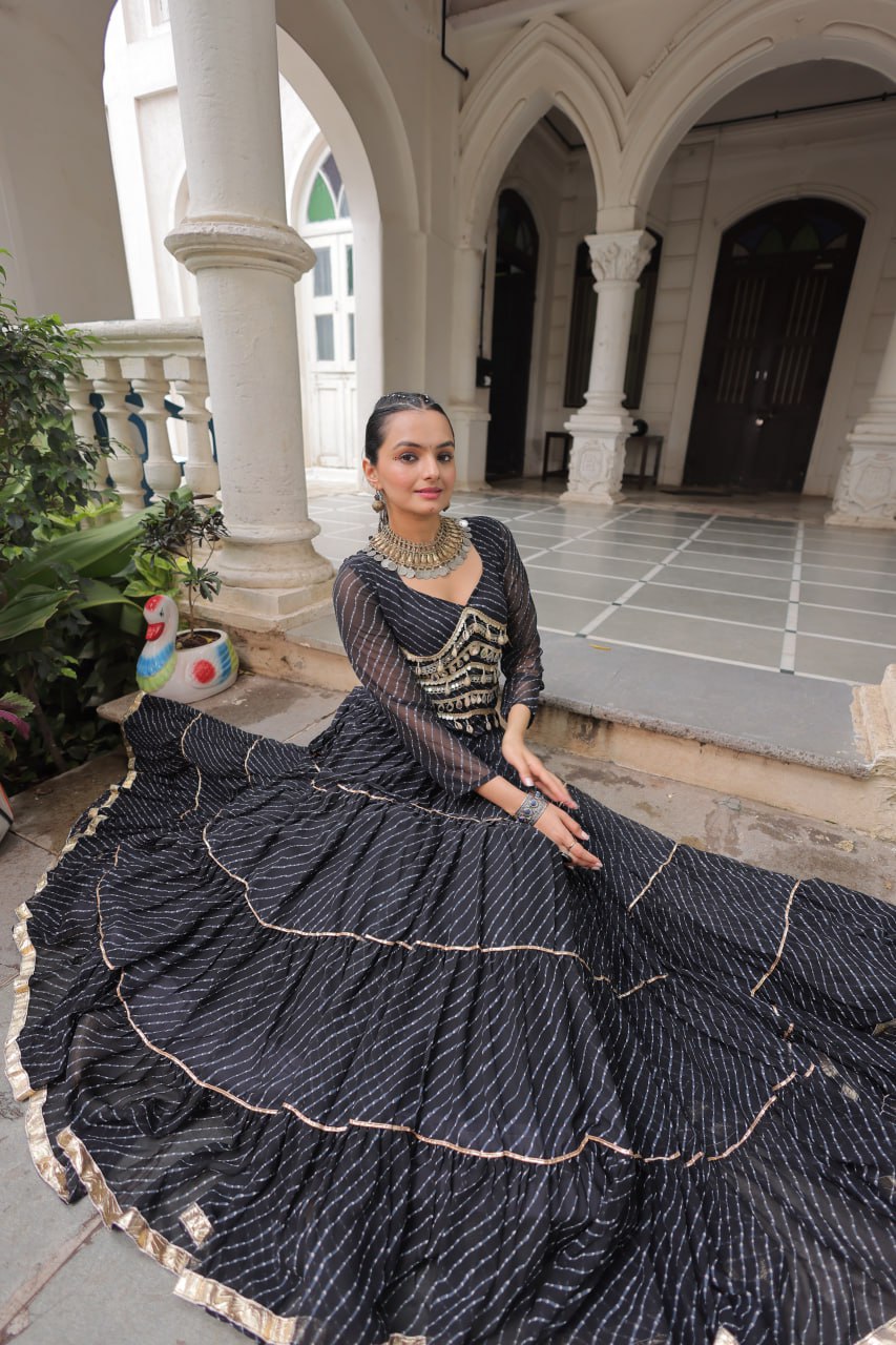 Black Navratri Special Leheriya Print Lehenga Choli with 12 Mtr Flair & Mirror Lace Work ClothsVilla