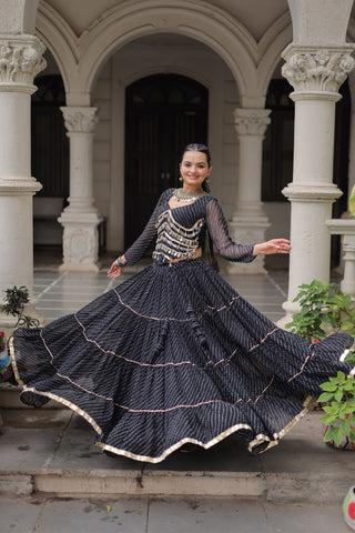 Black Navratri Special Leheriya Print Lehenga Choli with 12 Mtr Flair & Mirror Lace Work ClothsVilla