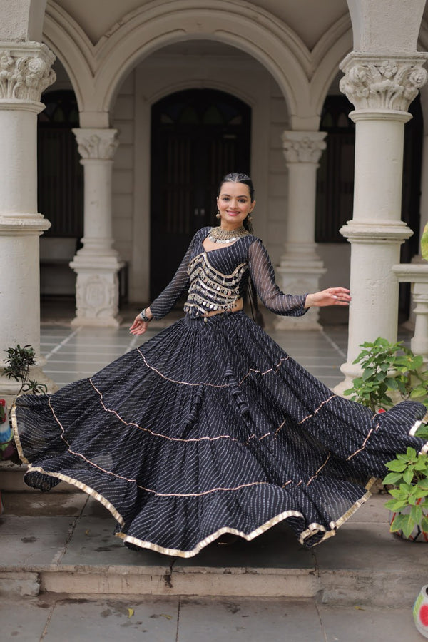 Black Navratri Special Leheriya Print Lehenga Choli with 12 Mtr Flair & Mirror Lace Work ClothsVilla