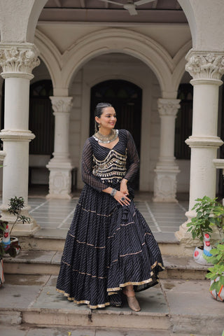 Black Navratri Special Leheriya Print Lehenga Choli with 12 Mtr Flair & Mirror Lace Work ClothsVilla