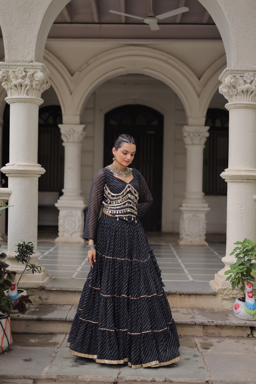 Black Navratri Special Leheriya Print Lehenga Choli with 12 Mtr Flair & Mirror Lace Work ClothsVilla