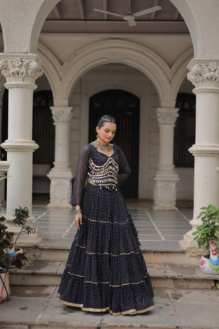 Black Navratri Special Leheriya Print Lehenga Choli with 12 Mtr Flair & Mirror Lace Work ClothsVilla